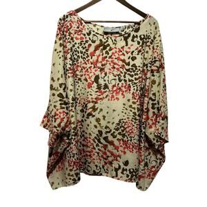AvenueSTUDIO Womens Poncho Top 30/32 Beige Animal Print Flowy Blouse Boho Chic